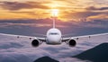 Flying airplane in sunset sky Royalty Free Stock Photo