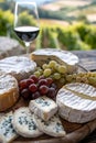 French cheese with a variety of textures and flavors served with grapes and a glass of wine on a rustic board Royalty Free Stock Photo