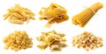 Set of pile stack of raw Italian pasta, Cavatelli, Pappardelle, Spaghetti, Ditalini, Ravioli, Orecchiette on transparent PNG Royalty Free Stock Photo