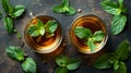 Steaming Moroccan mint tea in traditional cups, adorned with fresh green leaves Royalty Free Stock Photo