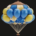 Blue and yellow balloons in a hot air balloon on a black background Royalty Free Stock Photo