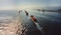 Aerial view of cargo ships with shipping containers in the ocean going towards a port Royalty Free Stock Photo