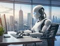 3d rendering humanoid robot working in office with modern cityscape background