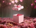 Open gift box with pink ribbon on grass background. 3d rendering Royalty Free Stock Photo