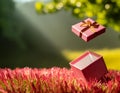 Open gift box with pink ribbon on grass background. 3d rendering Royalty Free Stock Photo