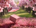 Open gift box with pink ribbon on grass background. 3d rendering Royalty Free Stock Photo