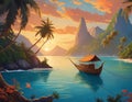 Fantasy landscape with palm trees, boats and mountains at sunset illustration Royalty Free Stock Photo