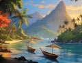 Fantasy landscape with palm trees, boats and mountains at sunset illustration Royalty Free Stock Photo