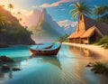 Fantasy landscape with palm trees, boats and mountains at sunset illustration Royalty Free Stock Photo