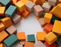 Plastic building blocks on white background, top view. Space for text Royalty Free Stock Photo