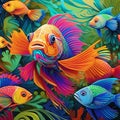 Colourful varied ornamental fish in playful situation. Royalty Free Stock Photo
