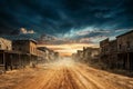 A small old western town with historic wooden buildings lining a dusty street under a serene sunset sky Royalty Free Stock Photo