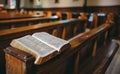 Open bible on a church pew Royalty Free Stock Photo