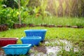 in rainy weather containers wait for rain to collect water. Royalty Free Stock Photo