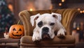 Lazy, tired Bulldog on a fancy chair with a Pumpkin, Halloween Royalty Free Stock Photo