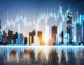 Financial stock market graph and candlestick chart over cityscape background Royalty Free Stock Photo