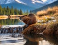 Cute wild nutria (Myocastor coypus) on a log in the water Royalty Free Stock Photo