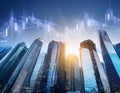 Financial stock market graph and candlestick chart over cityscape background Royalty Free Stock Photo