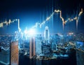 Financial stock market graph and candlestick chart over cityscape background Royalty Free Stock Photo