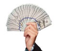 Hand Holding Thousands of U.S. Dollars in One Hundred Dollar Bills Isolated on Whit Royalty Free Stock Photo