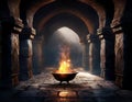 Mystical interior with fire in bowl. Halloween concept. 3D rendering Royalty Free Stock Photo