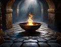 Mystical interior with fire in bowl. Halloween concept. 3D rendering Royalty Free Stock Photo