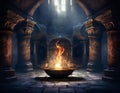 Mystical interior with fire in bowl. Halloween concept. 3D rendering Royalty Free Stock Photo