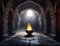 Mystical interior with fire in bowl. Halloween concept. 3D rendering Royalty Free Stock Photo