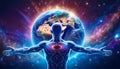 One human being is embracing the world in the universe, galaxy background. Royalty Free Stock Photo