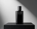 Black perfume bottle on a black cube. 3d rendering mock up. Royalty Free Stock Photo
