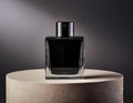 Black perfume bottle on a black cube. 3d rendering mock up. Royalty Free Stock Photo