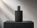 Black perfume bottle on a black cube. 3d rendering mock up. Royalty Free Stock Photo