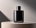 Black perfume bottle on a black cube. 3d rendering mock up. Royalty Free Stock Photo