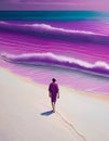 A man walking on a beautiful beach with pink sand and turquoise water. Royalty Free Stock Photo