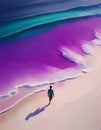 A man walking on a beautiful beach with pink sand and turquoise water. Royalty Free Stock Photo