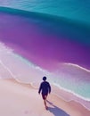 A man walking on a beautiful beach with pink sand and turquoise water. Royalty Free Stock Photo