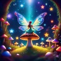 A fairy seated on a toadstool with small toadstools and stars in the background Royalty Free Stock Photo