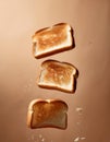 Flying toast bread isolated on brown background. Toast bread flying in the air Royalty Free Stock Photo