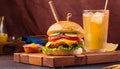 Tasty grilled cheeseburger served with lemonade and mustard. Barbecue hamburger with vegetable Royalty Free Stock Photo
