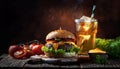 Tasty grilled cheeseburger served with lemonade and mustard. Barbecue hamburger with vegetable Royalty Free Stock Photo