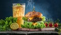 Tasty grilled cheeseburger served with lemonade and mustard. Barbecue hamburger with vegetable Royalty Free Stock Photo