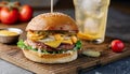 Tasty grilled cheeseburger served with lemonade and mustard. Barbecue hamburger with vegetable Royalty Free Stock Photo