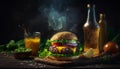 Tasty grilled cheeseburger served with lemonade and mustard. Barbecue hamburger with vegetable Royalty Free Stock Photo