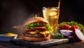 Tasty grilled cheeseburger served with lemonade and mustard. Barbecue hamburger with vegetable Royalty Free Stock Photo