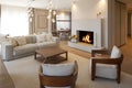 Prestigious living room, inside sofa armchairs and a beautiful burning fireplace that warms the room Royalty Free Stock Photo