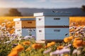 Beehives in a Vibrant Flower Field with Active Bees Royalty Free Stock Photo