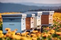 Beehives in a Vibrant Flower Field with Active Bees Royalty Free Stock Photo
