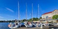 Marina on the lake for yachts and boats near the hotel Golebiewski on Mikolajki town Royalty Free Stock Photo