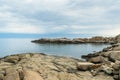 Slippery and dangerous rocky beach at the Cape Nubble Harbor coastal region, in York, Maine