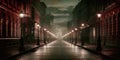 Empty cobblestone Victorian street illuminated by gas lamps Royalty Free Stock Photo
